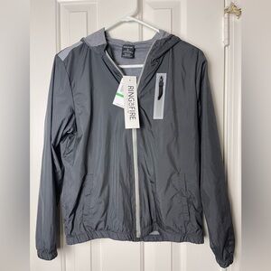 NEW Boys Ring of Fire Gray Lined Hooded Zip Up Rain Jacket~Size Large(14)MSRP$55